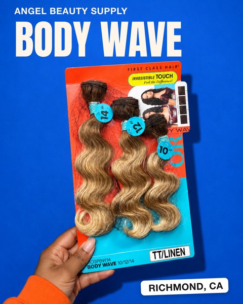 AI-assisted product illustration based on a store photo: a FIRST CLASS HAIR body wave package with a generated background, hands and lighting