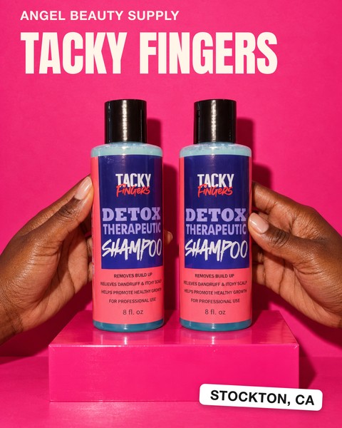 AI-assisted product illustration based on a store photo: two Tacky Fingers Detox Therapeutic Shampoo bottles with a generated background, hands and lighting
