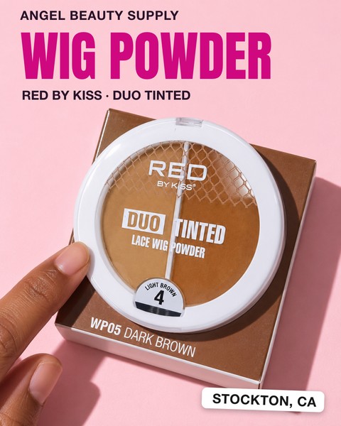 AI-assisted product illustration based on a store photo: a RED by KISS Duo Tinted Lace Wig Powder package with a generated background, hands and lighting